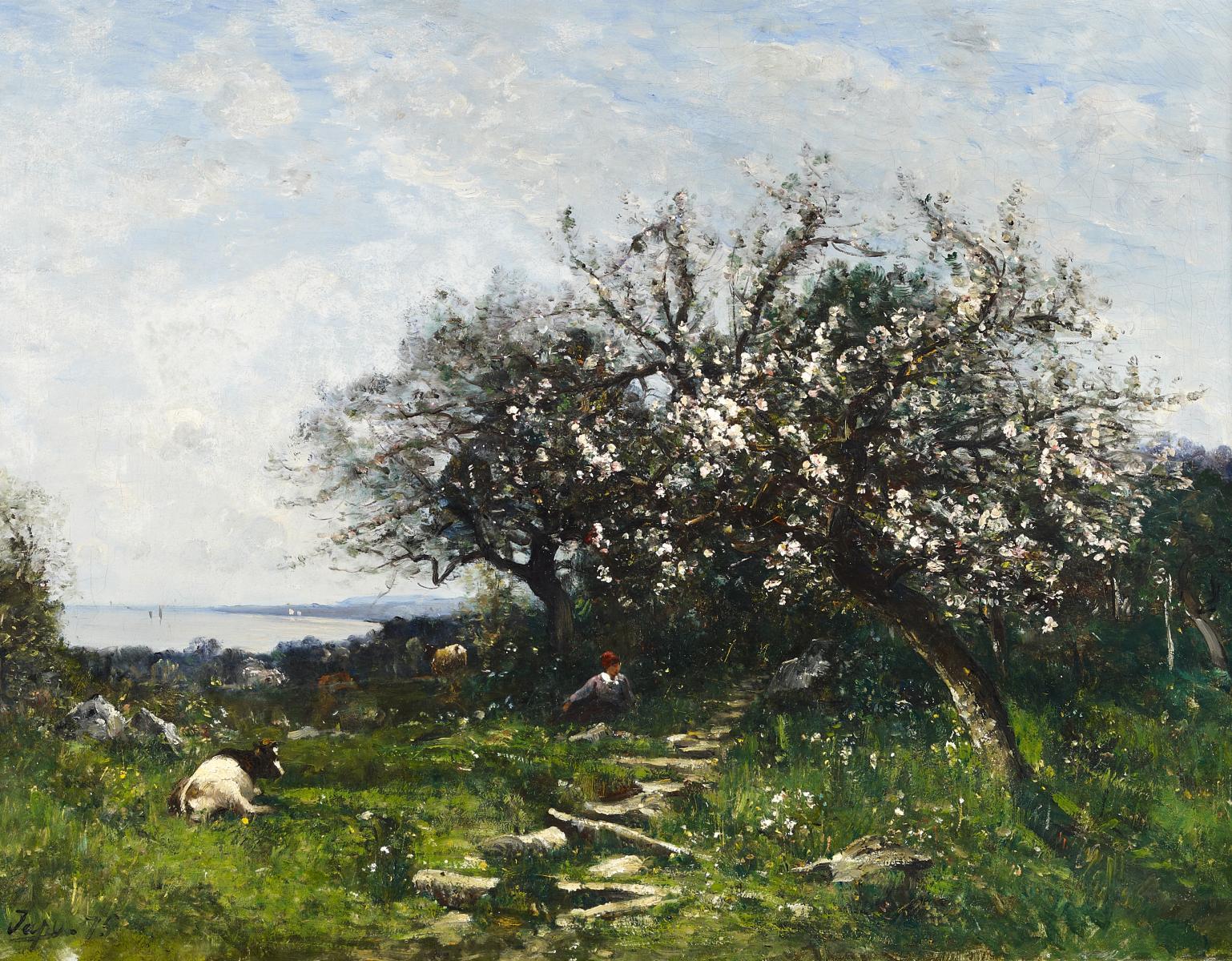 Louis-Aimé Japy - Blühender Obstgarten. Links ein Ausblick auf einen See