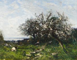 Louis-Aimé Japy - Blühender Obstgarten. Links ein Ausblick auf einen See