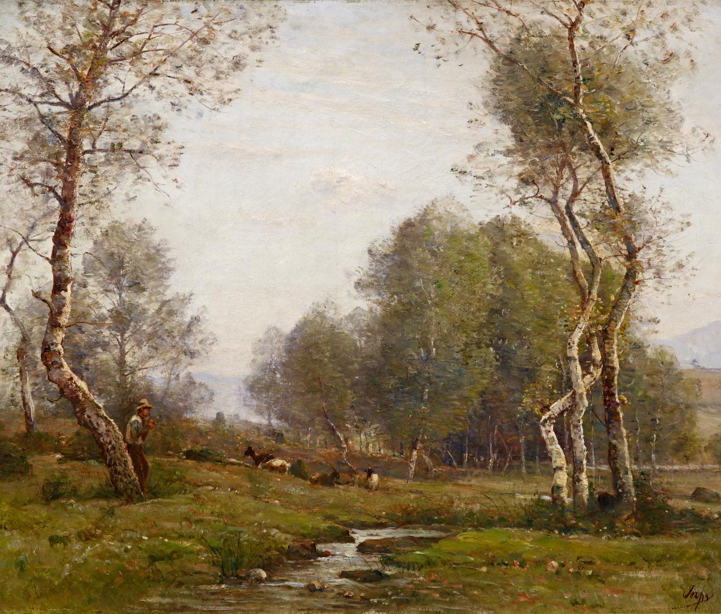 Louis-Aimé Japy - Flötespielender Hirte mit seiner Herde auf einem Bachlauf