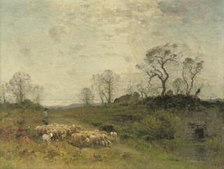 Louis Aimé Japy - Leading The Sheep Across A Flowering Meadow
