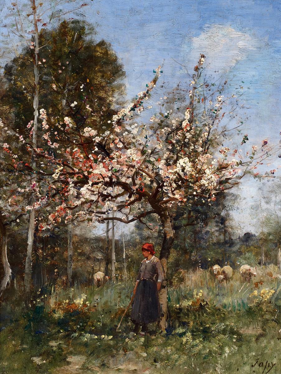 Louis-Aimé Japy - Schäferin im Frühling unter einem blühenden Apfelbaum