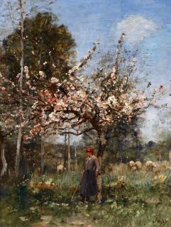 Louis-Aimé Japy - Schäferin im Frühling unter einem blühenden Apfelbaum
