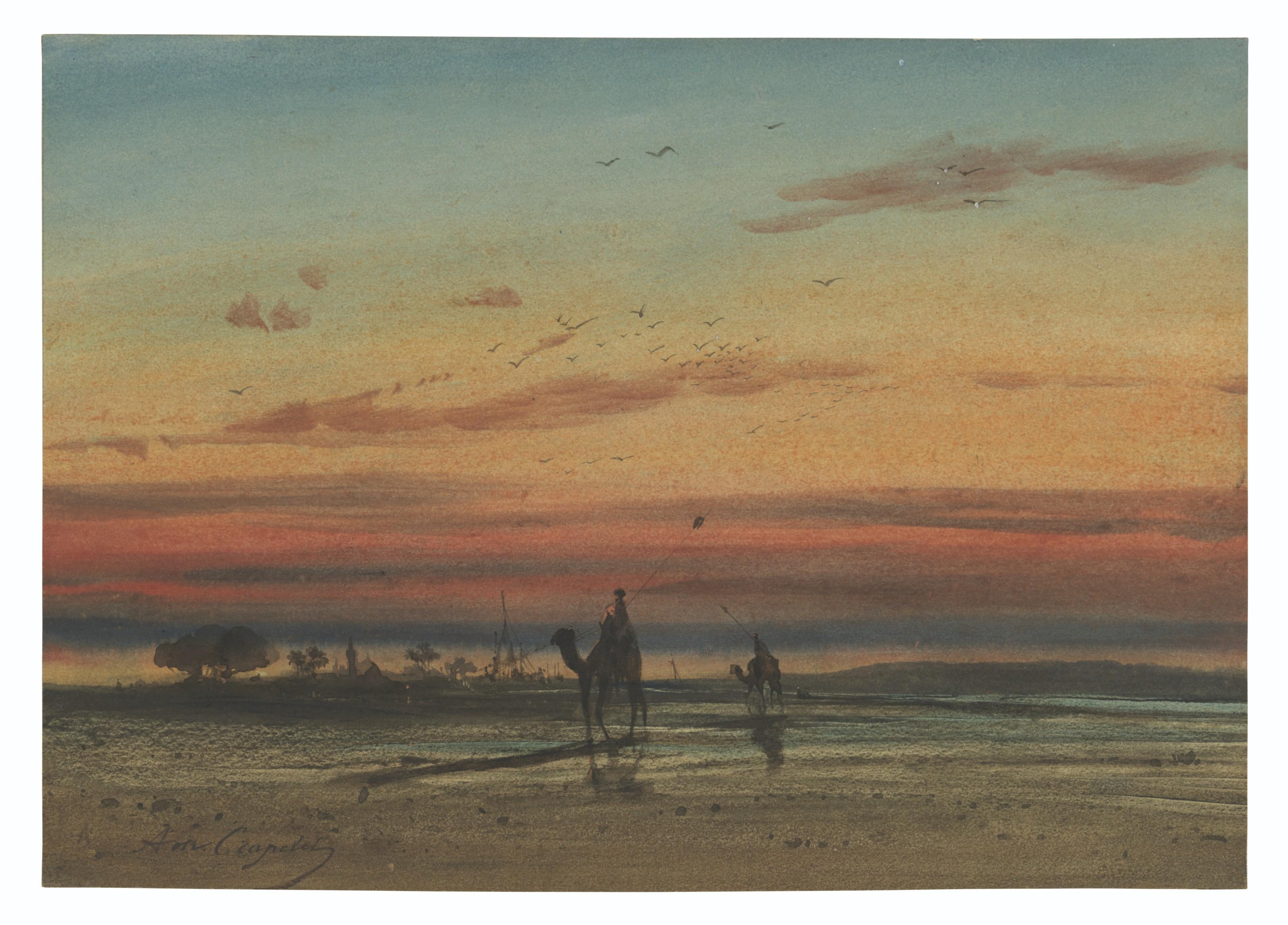 Louis-Amable Crapelet - Sunset in Egypt, with two Bedouins on camels