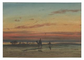 Louis-Amable Crapelet - Sunset in Egypt, with two Bedouins on camels