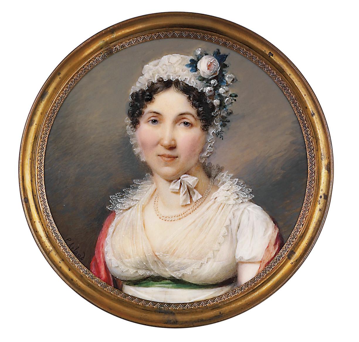 Louis-Ami Arlaud-Jurine - A lady, in white mull gown with embroidered gauze Van Dyck collar, green silk sash at waist, cerise Cashmere shawl over her shoulders, roses pinned to her white muslin cap, double-strand pearl necklace