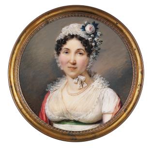 Louis-Ami Arlaud-Jurine - A lady, in white mull gown with embroidered gauze Van Dyck collar, green silk sash at waist, cerise Cashmere shawl over her shoulders, roses pinned to her white muslin cap, double-strand pearl necklace