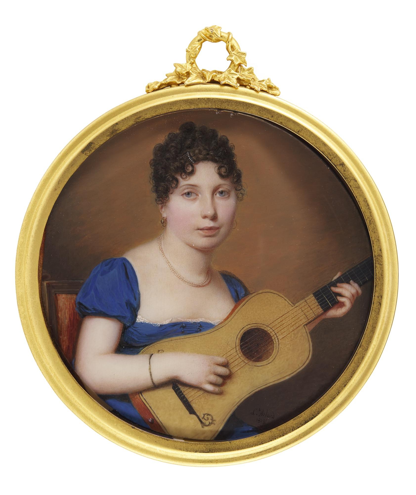 Louis Ami Arlaud-Jurine - Portrait Of A Lady Playing A Guitar
