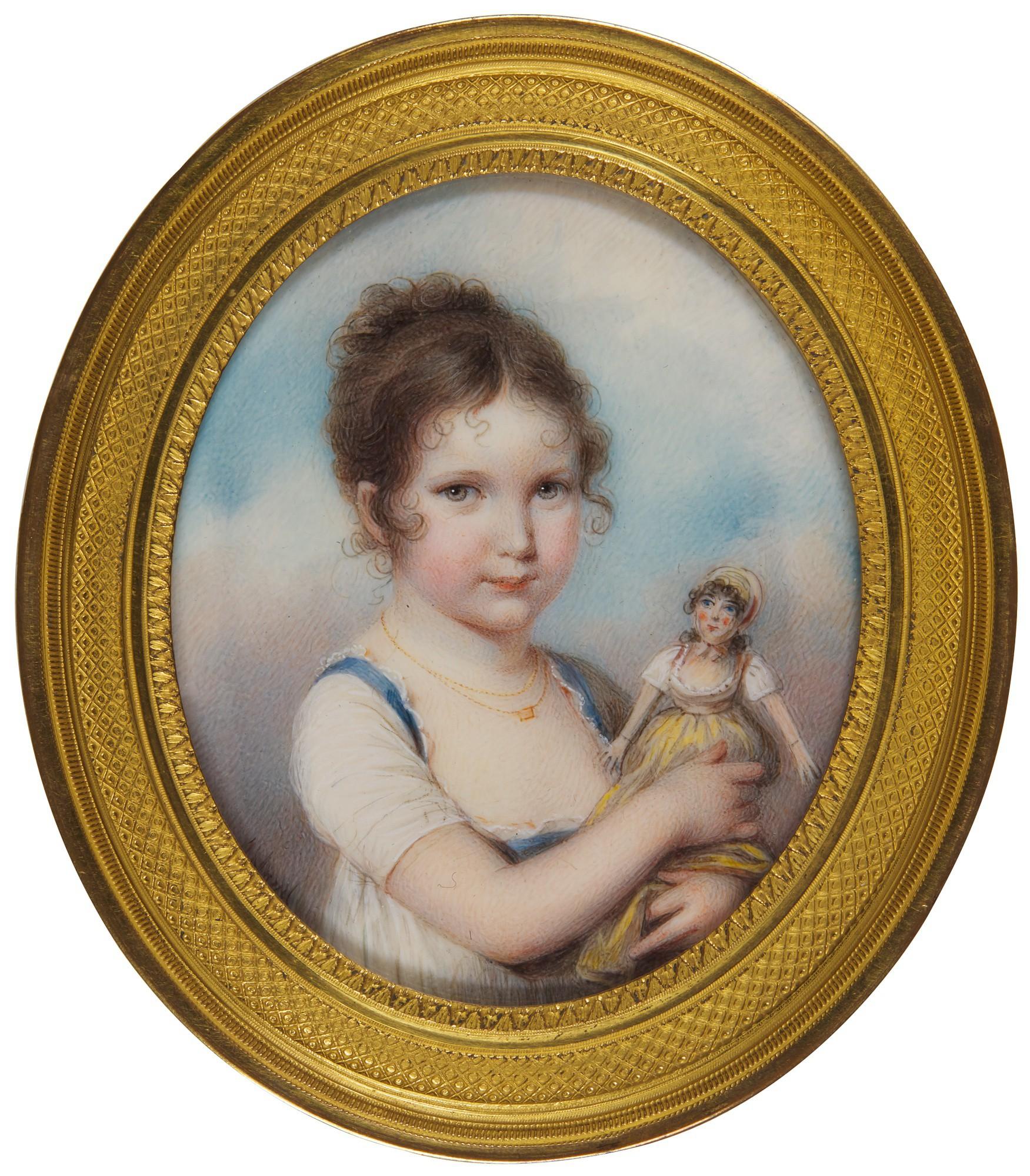 Louis Ami Arlaud-Jurine - Portrait Of A Young Girl Holding A Doll, Circa 1805