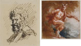 Louis Anquetin - Etude de huit têtes de profil, dont deux de faunes; Faune dansant dans un paysage; Vieil homme de profil, consultant un livre; Profil de vieil homme; Autoportrait présumé