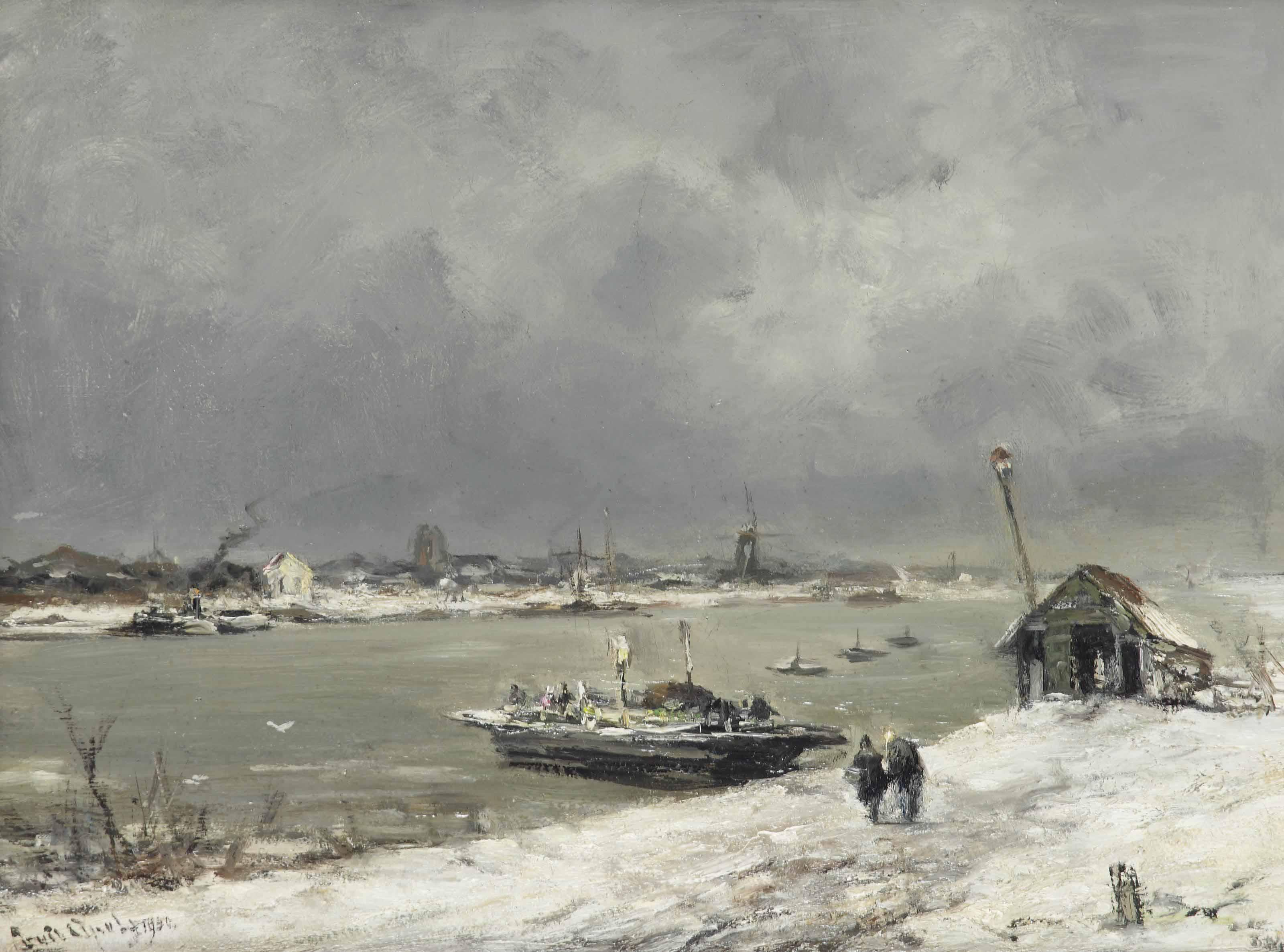 Louis Apol - A ferry crossing near Wijk bij Duurstede in winter