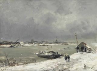 Louis Apol - A ferry crossing near Wijk bij Duurstede in winter