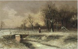 Louis Apol - A figure walking beside a stream, in a snowy landscape; and The sun setting over a snowy landscape