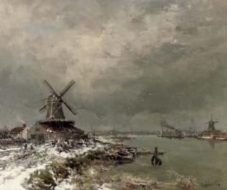Louis Apol - A windmill along a river in winter