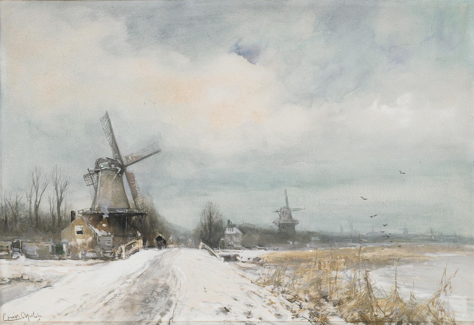 Louis Apol - Holländische Winterlandschaft mit Windmühlen