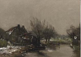 Louis Apol - Willows by a farmhouse in winter