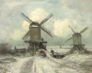 Louis Apol - Windmills in a snow covered polder landscape