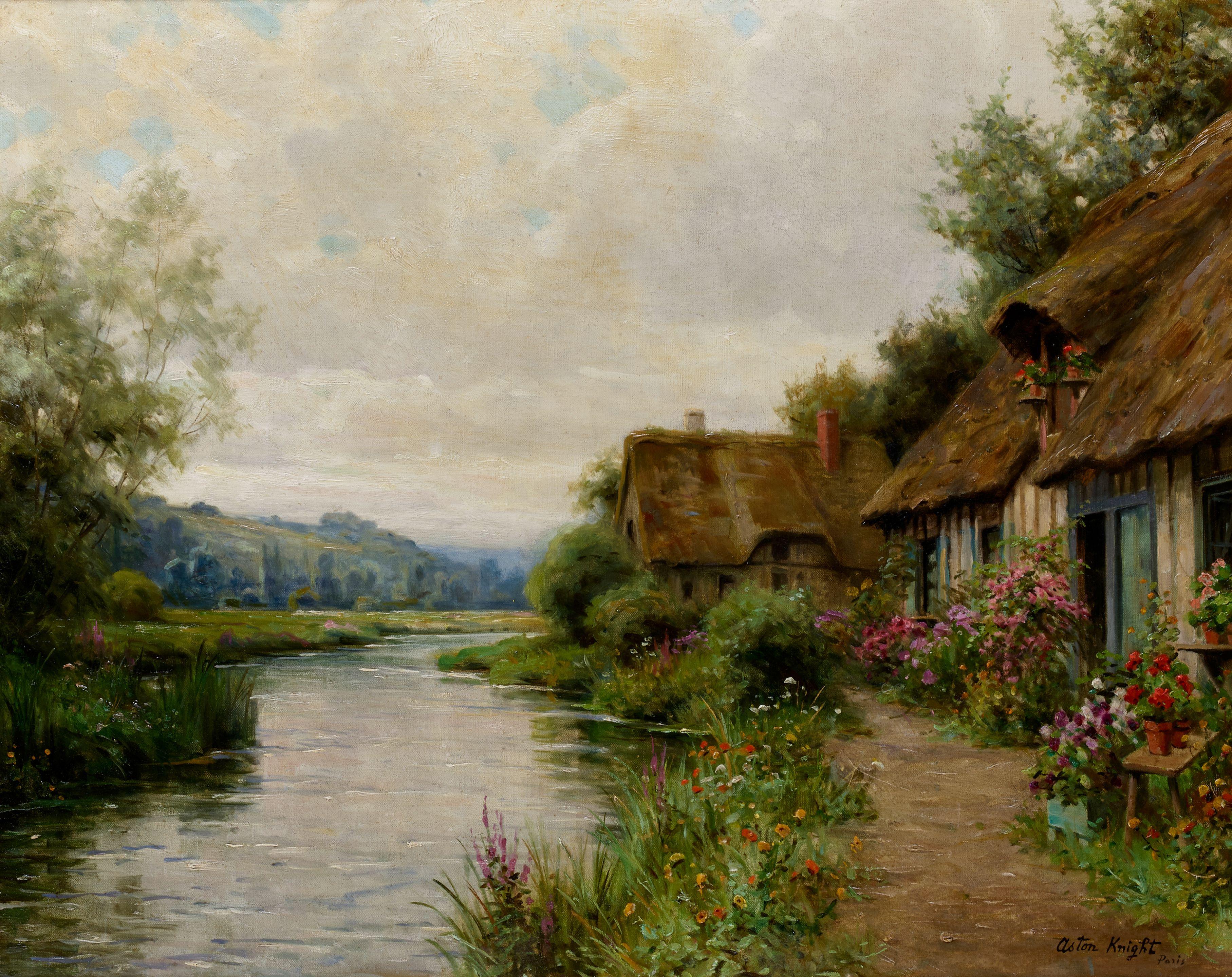 Louis Aston Knight - A cottage on a river bank
