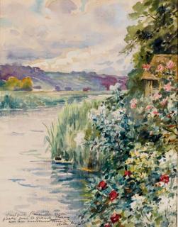 Louis Aston Knight - Fleurs et roseaux au bord d\'une rivière, des collines à l\'arrière-plan