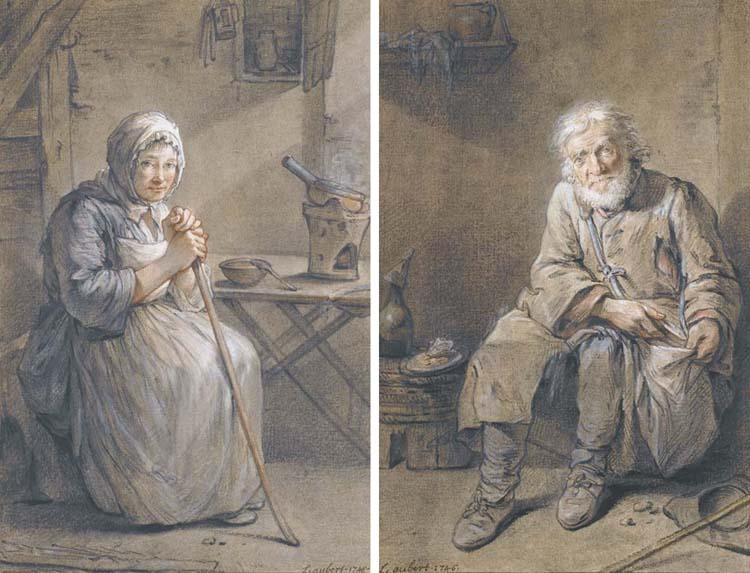 Louis Aubert - Une Paysanne Assise Dans Un Intérieur, S\'Appuyant Sur Un Bâton; Et Un Paysan Barbu Assis Dans Un Intérieur, Son Chapeau Et Sa Canne À Terre