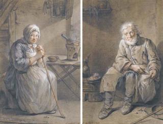 Louis Aubert - Une Paysanne Assise Dans Un Intérieur, S\'Appuyant Sur Un Bâton; Et Un Paysan Barbu Assis Dans Un Intérieur, Son Chapeau Et Sa Canne À Terre