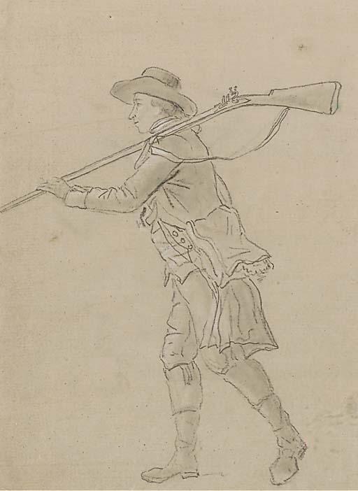 Louis-Auguste Brun - A hunter in profile to the left carrying a rifle over his left shoulder