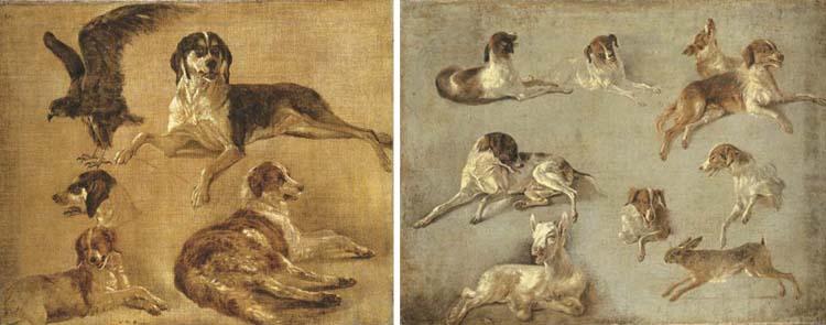 Louis-Auguste Brun - Study of four dogs and an eagle; and Study of seven dogs a hare and a goat