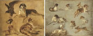 Louis-Auguste Brun - Study of four dogs and an eagle; and Study of seven dogs a hare and a goat