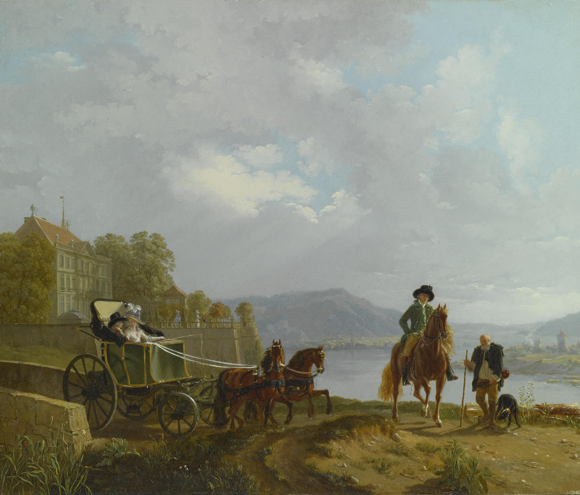 Louis-Auguste Brun - View From A Hilltop Across A Lake, With Figures In An Elegant Horse-Drawn Carriage Along A Road, A Grand Building To The Left And A Small Town In The Mountains Beyond