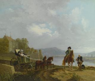 Louis-Auguste Brun - View From A Hilltop Across A Lake, With Figures In An Elegant Horse-Drawn Carriage Along A Road, A Grand Building To The Left And A Small Town In The Mountains Beyond
