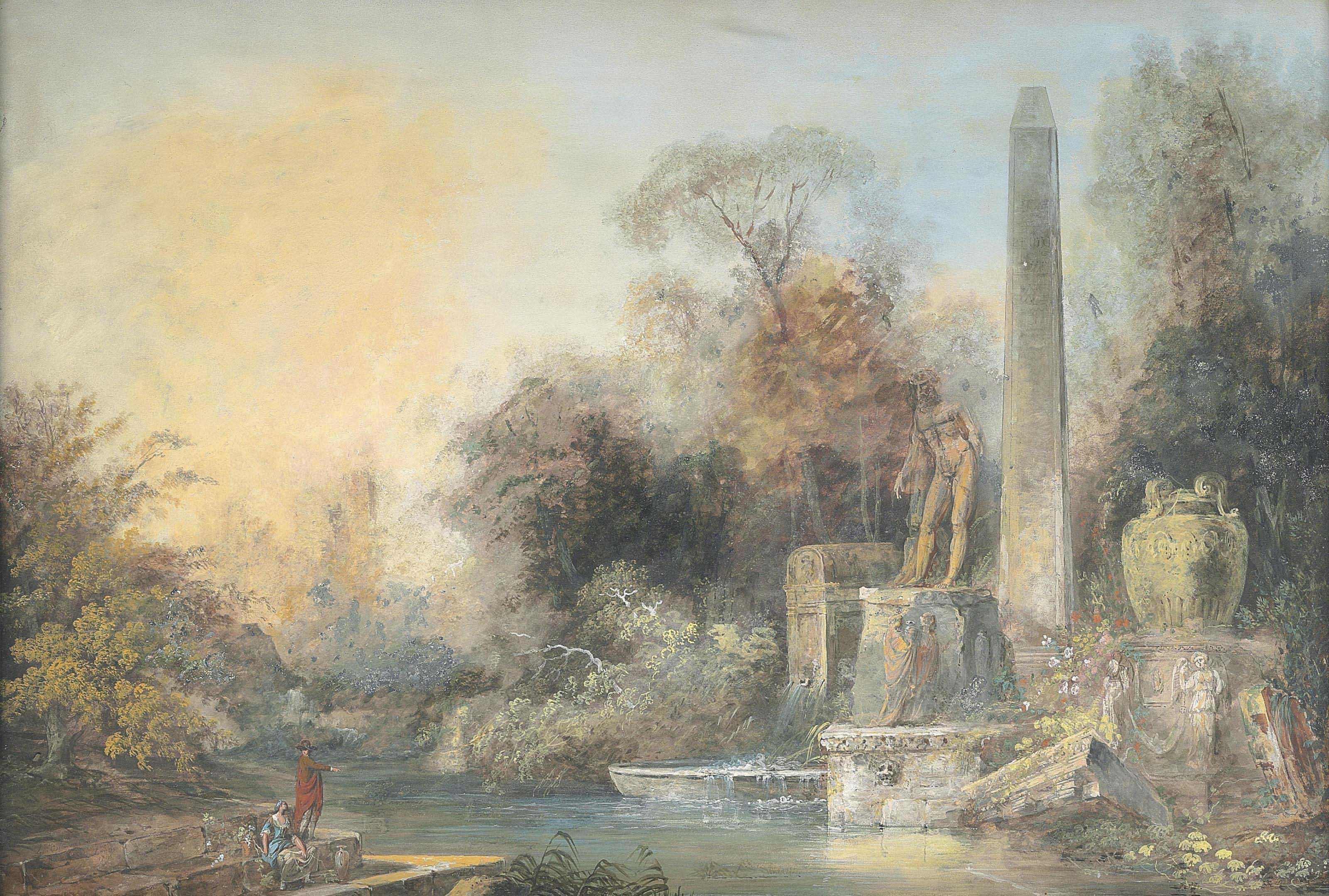 Louis Bélanger - A couple in a landscape with a pond, fountain, classical sculpture, architectural fragments and an obelisk