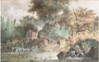 Louis Bélanger - A Mill Pond In A Ruined Park, With Three Fishermen