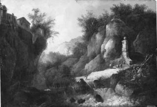 Louis Bélanger - A Stream In A Rocky Gorge With Figures By A Fountain