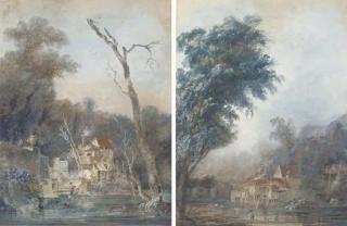 Louis Bélanger - A watermill by a stream with two figures in the foreground; and A cottage by a stream with a young boy fishing
