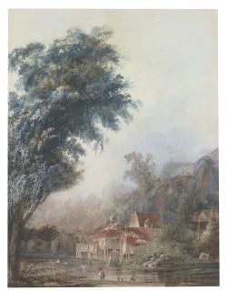 Louis Bélanger - Cottage By A Stream With A Young Boy Fishing