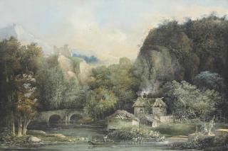 Louis Bélanger - Cottages By A Stream Near A Bridge, With Anglers