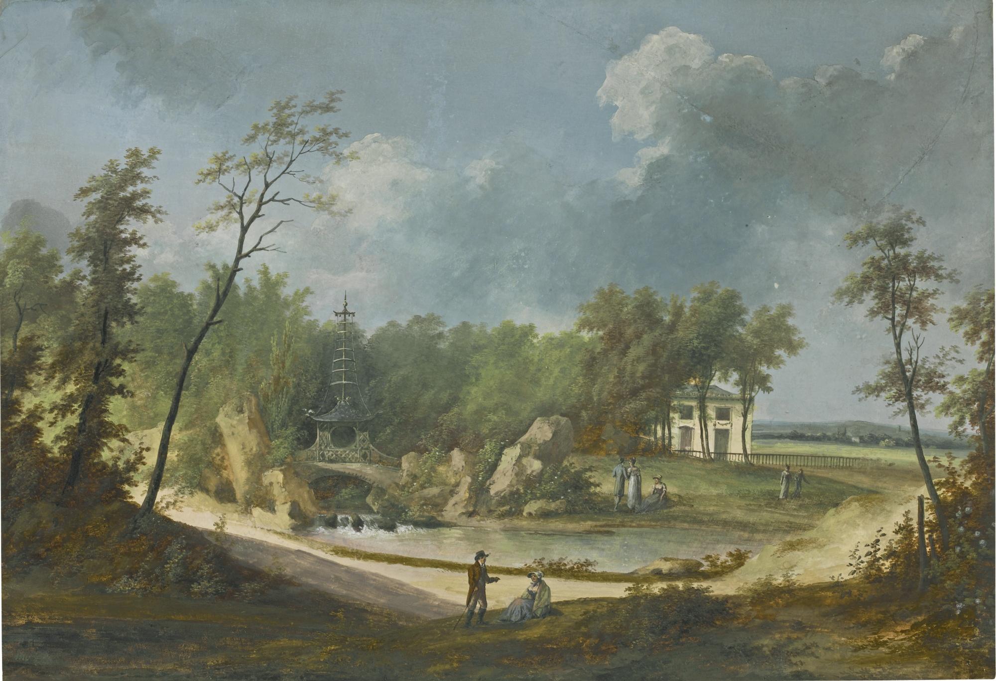 Louis Bélanger - Figures Strolling In A Country Landscape Beside A River With A Chinese Bridge