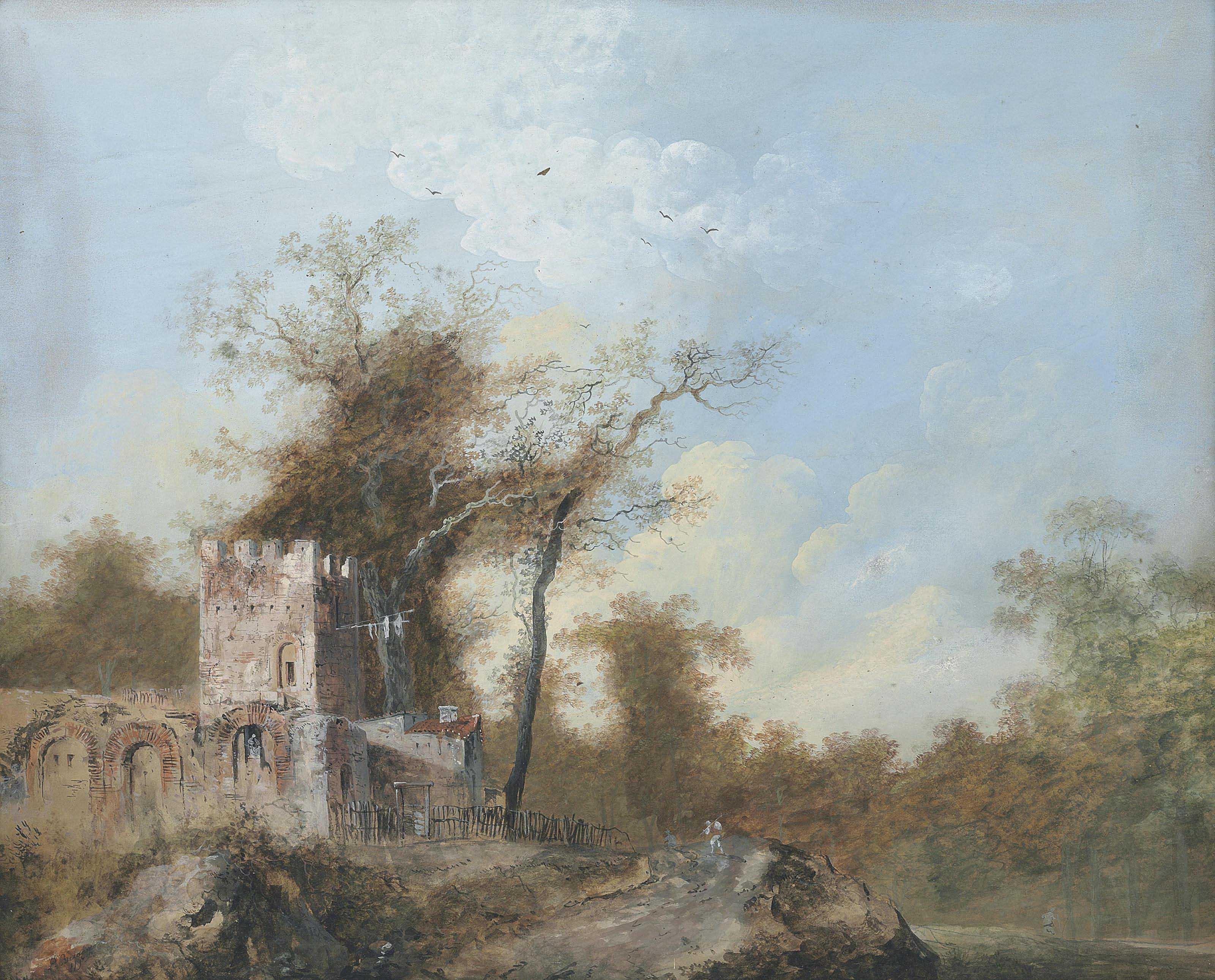 Louis Bélanger - Travellers in a wooded landscape, a building with a tower to the left