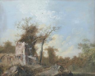 Louis Bélanger - Travellers in a wooded landscape, a building with a tower to the left