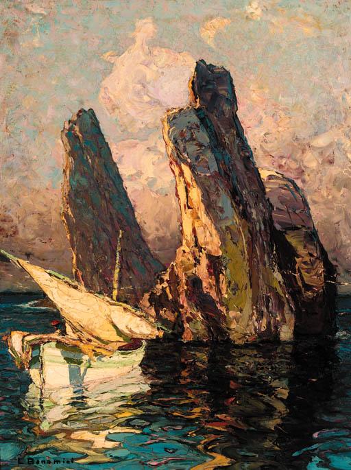 Louis Bonamici - A fishing boat off a rocky Italian coast