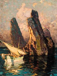 Louis Bonamici - A fishing boat off a rocky Italian coast