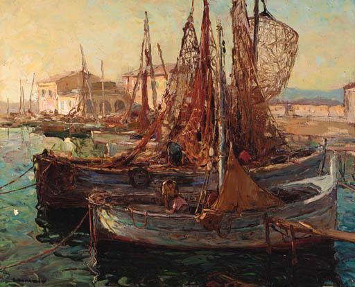 Louis Bonamici - Fishing boats moored in a harbour