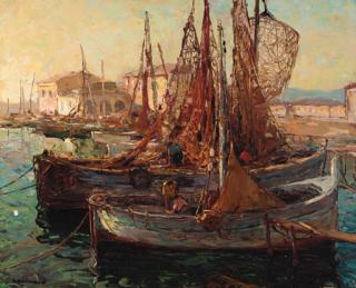 Louis Bonamici - Fishing boats moored in a harbour