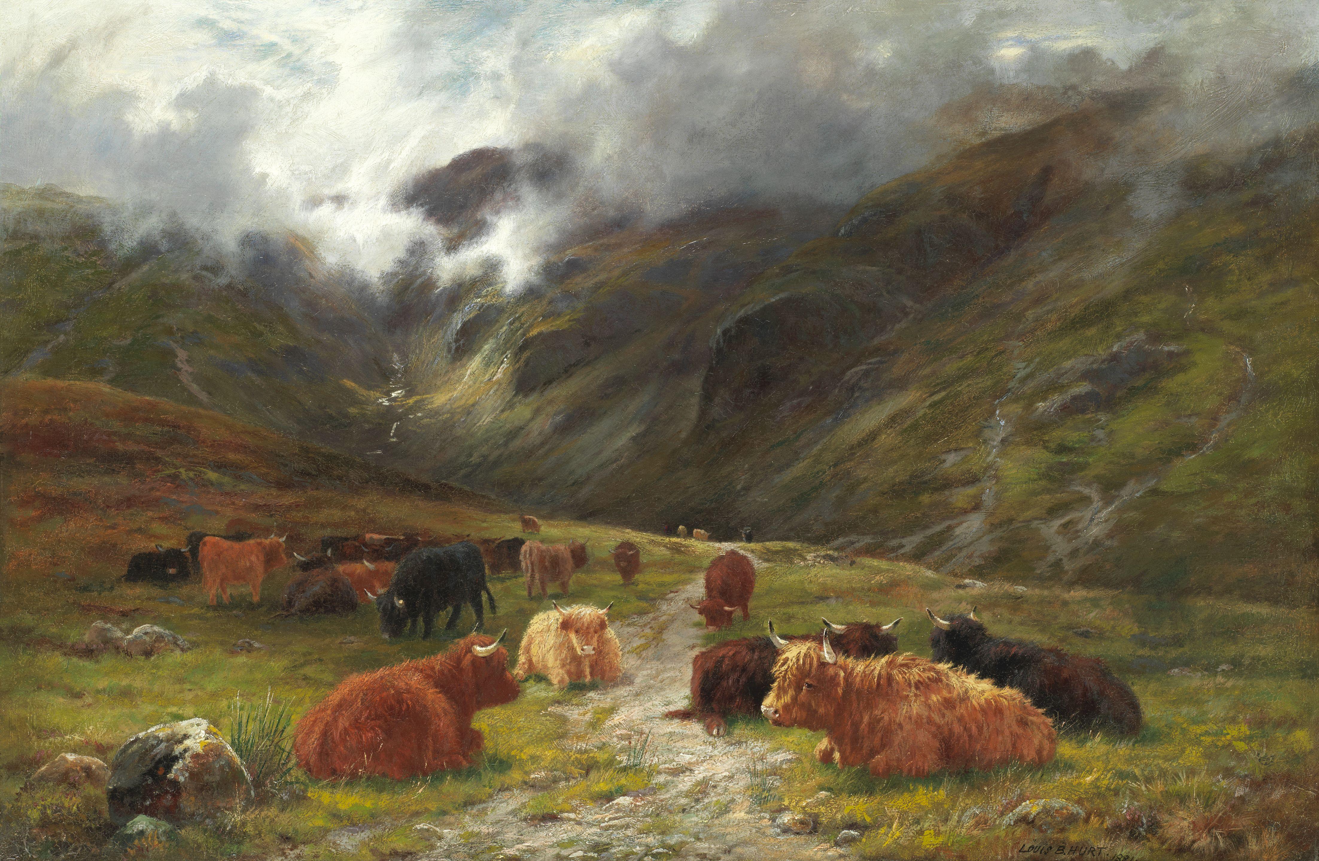 Louis Bosworth Hurt - Cattle Resting In A Highland Landscape, A Burn Beyond