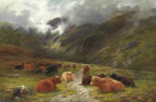 Louis Bosworth Hurt - Cattle Resting In A Highland Landscape, A Burn Beyond