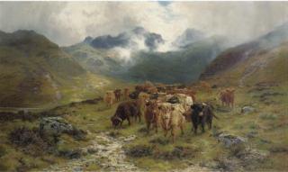 Louis Bosworth Hurt - Highland cattle and drovers in a valley