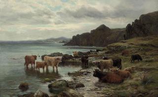 Louis Bosworth Hurt - Highland cattle watering at a loch