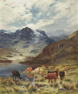 Louis Bosworth Hurt - Highland cattle watering beside a loch