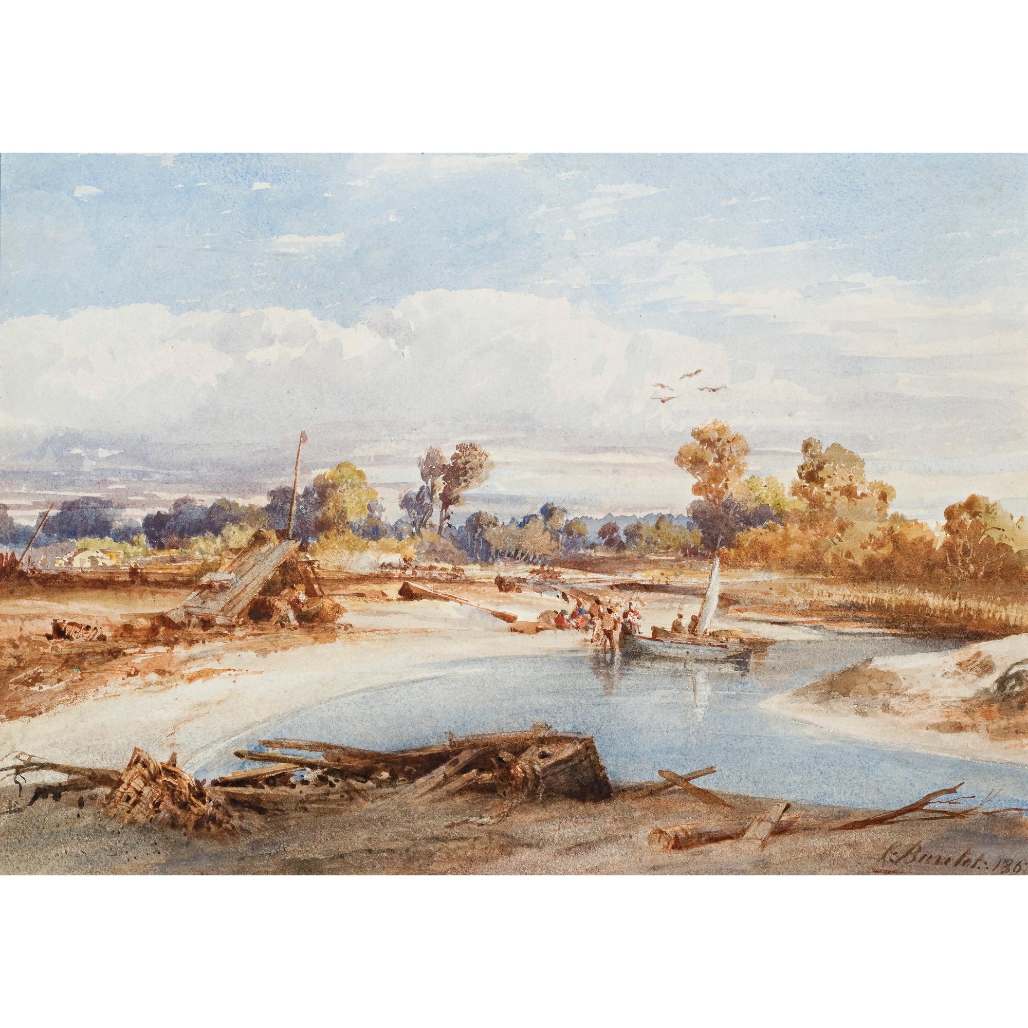 Louis Buvelot - Swiss River Landscape With Figures