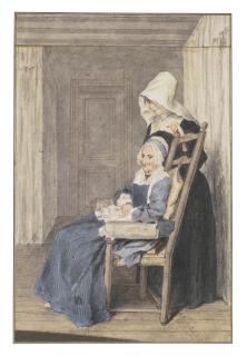Louis Carrogis Called Carmontelle - Portrait Of Marie Louise Petit, At The Age Of 105, With A Nurse Standing Behind