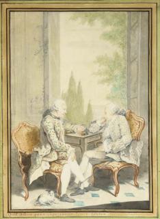 Louis Carrogis - Bertrand Barthélémi du Chesne de Saint Mars and Jean-Baptiste Le Moyne de Bellile seated by a window in the Galerie of the château of Saint Cloud, their dog Favorita at their feet